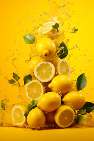 Fresh Lemons falling with water splash on isolated yellow background.の素材