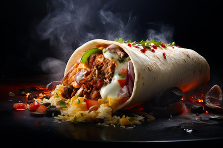 hot delicious shawarma with meat, warm bread, fresh veggies, creamy sauce. middle east traditional food.の素材