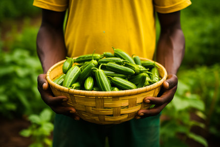 Farmer holding wicker basket with fresh organic vegetables zucchini. Harvest concept.の素材