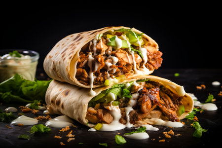 shawarma sandwich fresh roll, wrap of grilled meat and salad tortilla wrap with white sauce. Turkish Doner Kebab on a lavash served on the tableの素材