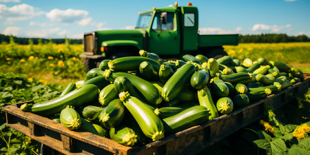 Crates with harvest of zucchini on a farm field. harvest concept.の素材
