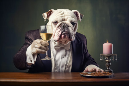 illustration of elegant dressed bulldog sitting with glass of champagne at the table. Celebrating concept.の素材