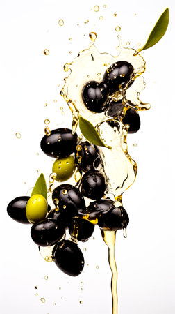 green olives falling into olive oil with a splash, isolated on white background. copy space.の素材