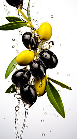 green olives falling into olive oil with a splash, isolated on white background. copy space.の素材