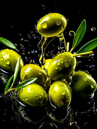 Green olives falling into olive oil with a splash, isolated on black background. copy space.の素材
