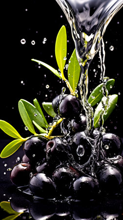 Black olives falling into olive oil with a splash, isolated on black background. copy space.の素材