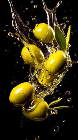 Green olives falling into olive oil with a splash, isolated on black background. copy space.の素材