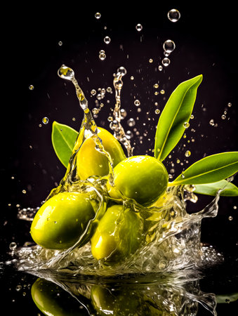Green olives falling into olive oil with a splash, isolated on black background. copy space.の素材