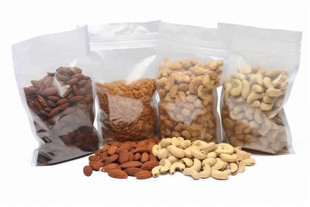 set of nuts in transparent packaging on a white background.の素材