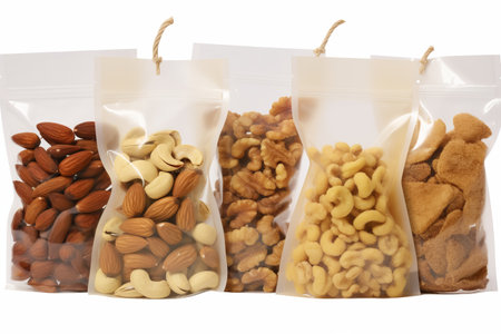 set of nuts in transparent packaging on a white background.の素材