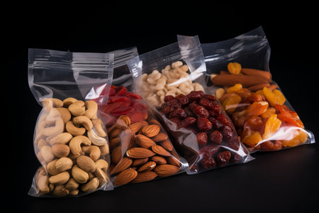 set of nuts in transparent packaging on a black background.の素材