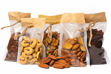 set of nuts in transparent packaging on a white background.の素材