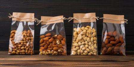 set of nuts in transparent packaging on a wooden table.の素材