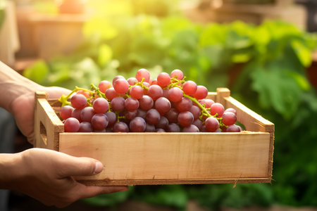 Man farmer holding crate full of freshly harvested grapes. Harvesting organic farming concept.の素材