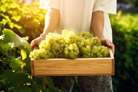Man farmer holding crate full of freshly harvested grapes. Harvesting organic farming concept.の素材