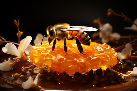 Beautiful honeycomb with bee close-up. bees crawls through the combs collecting honey. Beekeeping, wholesome food for health.の素材