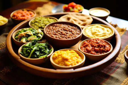 Traditional Ethiopian cuisine food served on the table. National cuisine.の素材