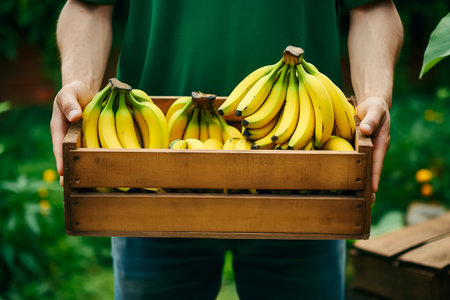 farmer holding wooden crate with bananas in garden or plantation. harvest concept.の素材