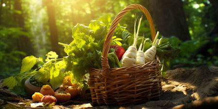 Wicker basket with assorted organic vegetables outdoor. eating healthy food organic food.の素材
