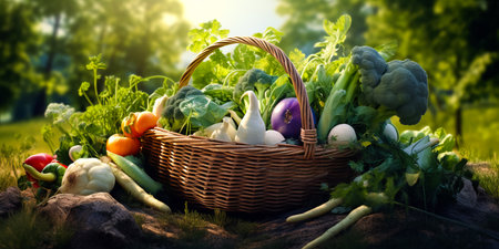Wicker basket with assorted organic vegetables outdoor. eating healthy food organic food.の素材