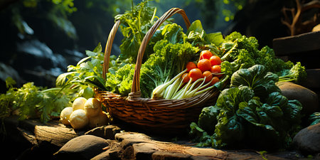 Wicker basket with assorted organic vegetables outdoor. eating healthy food organic food.の素材