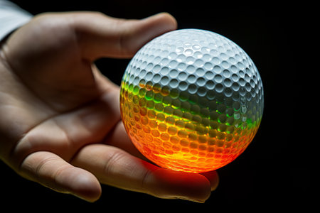hand holds a ball for golf is isolated on dark background. sport concept.の素材