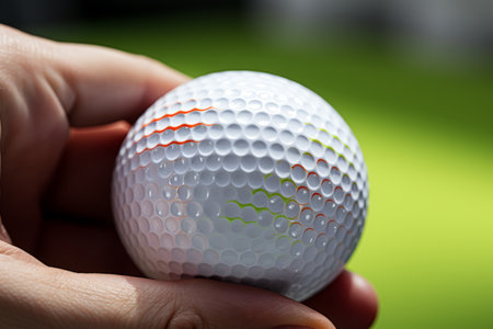 Close up golf ball in hand with green plants background. Golf sport ideas and background.の素材