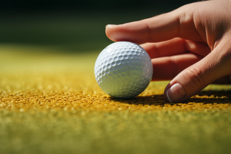 Close up golf ball in hand with green plants background. Golf sport ideas and background.の素材