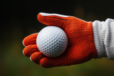 hand holds a ball for golf is isolated on dark background. sport concept.の素材