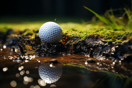 The golf ball is out of the green, which is difficult to fix. sport concept.の素材