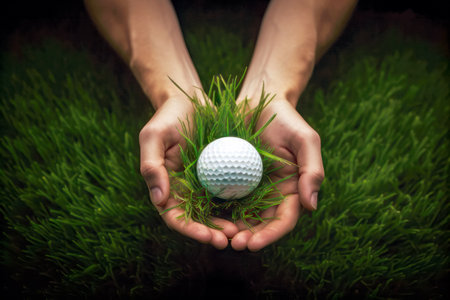 Close up golf ball in hands with green plants background. Golf sport ideas and background.の素材