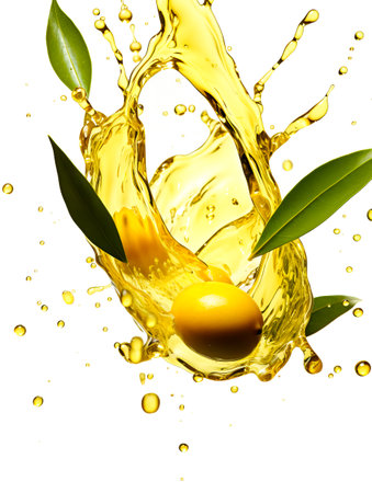 green olives falling into olive oil with a splash, isolated on white background. copy space.の素材