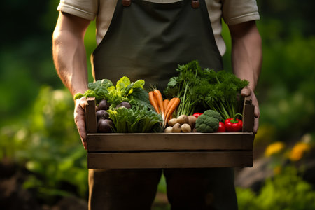 Farmer holding wooden box full of fresh raw vegetables. crop with vegetable (cabbage, carrots, cucumber, radish, tomato and peppers) in the hands. harvesting conceptの素材