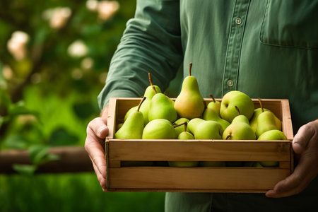 A farmer holds a box of freshly picked pears in a garden. Healthy, natural fruits, harvest.の素材