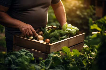 Farmer holding wooden box full of fresh raw vegetables. crop with vegetable (cabbage, carrots, cucumber, radish, tomato and peppers) in the hands. harvesting conceptの素材