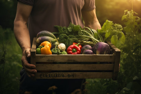 Farmer holding wooden box full of fresh raw vegetables. crop with vegetable (cabbage, carrots, cucumber, radish, tomato and peppers) in the hands. harvesting conceptの素材
