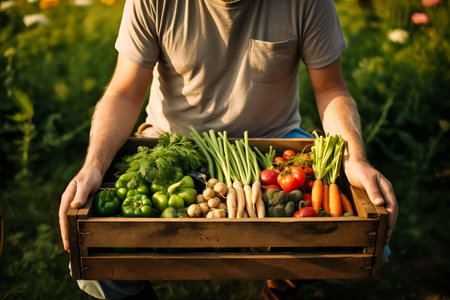 Farmer holding wooden box full of fresh raw vegetables. crop with vegetable (cabbage, carrots, cucumber, radish, tomato and peppers) in the hands. harvesting conceptの素材