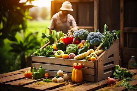 Different tasty vegetables in wooden crate on farm, harvesting concept.の素材