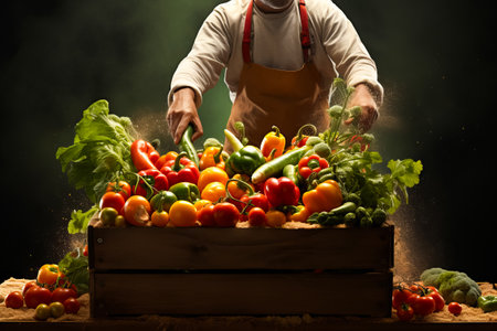 Farmer sorting vegetables into a large crates on black background, concept for selling vegetables, harvestingの素材