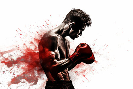 silhouette of boxer in red gloves boxing on isolated white background with red splashes.の素材