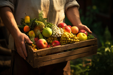 gardener holding a crate of summer fruit, grapes, apples, apricots. harvest concept.の素材