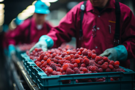 workers carrying crates of raspberries at warehouse. agribusiness concept.の素材