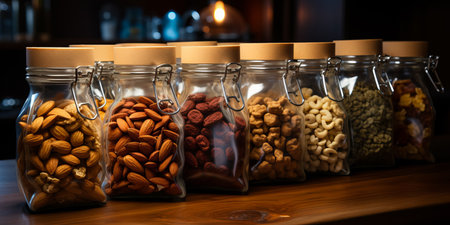 assortment of nuts in glass jars on the shop shelf.の素材