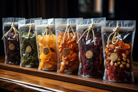assortment of dried fruits and nuts in transparent packing on the shop shelf.の素材