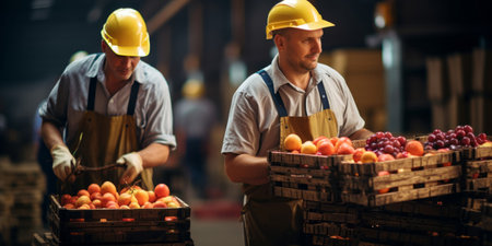 Two workers carrying crates of fruits at warehouse. agribusiness concept.の素材