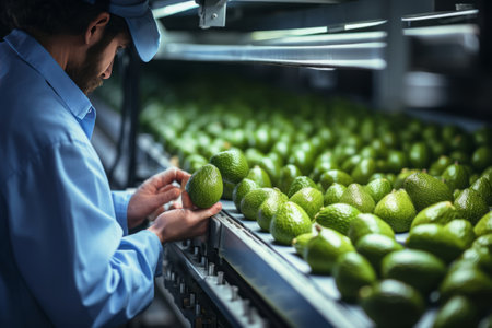 man technologist working at fruit warehouse checking quality control, food processing factory control.の素材