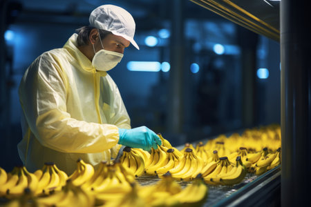 man technologist working at fruit warehouse checking quality control, food processing factory control.の素材