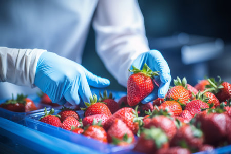 man technologist working at fruit warehouse checking quality control, food processing factory control.の素材