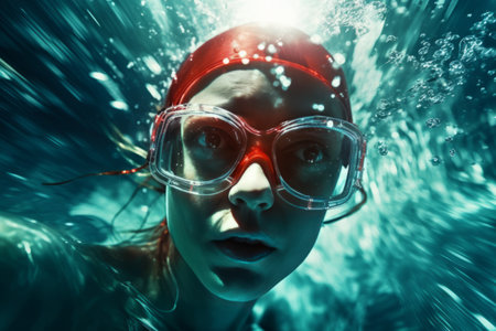 Young woman swimmer swimming in a pool underwater. Sport, competition concept.の素材