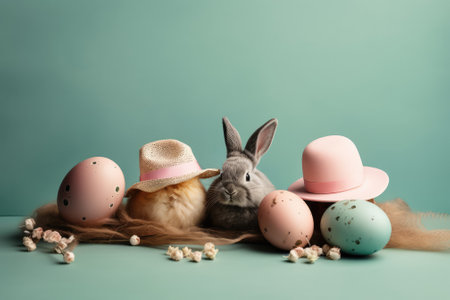Easter greeting card with cute fluffy Easter bunny near colorful Easter eggs. space for text.の素材